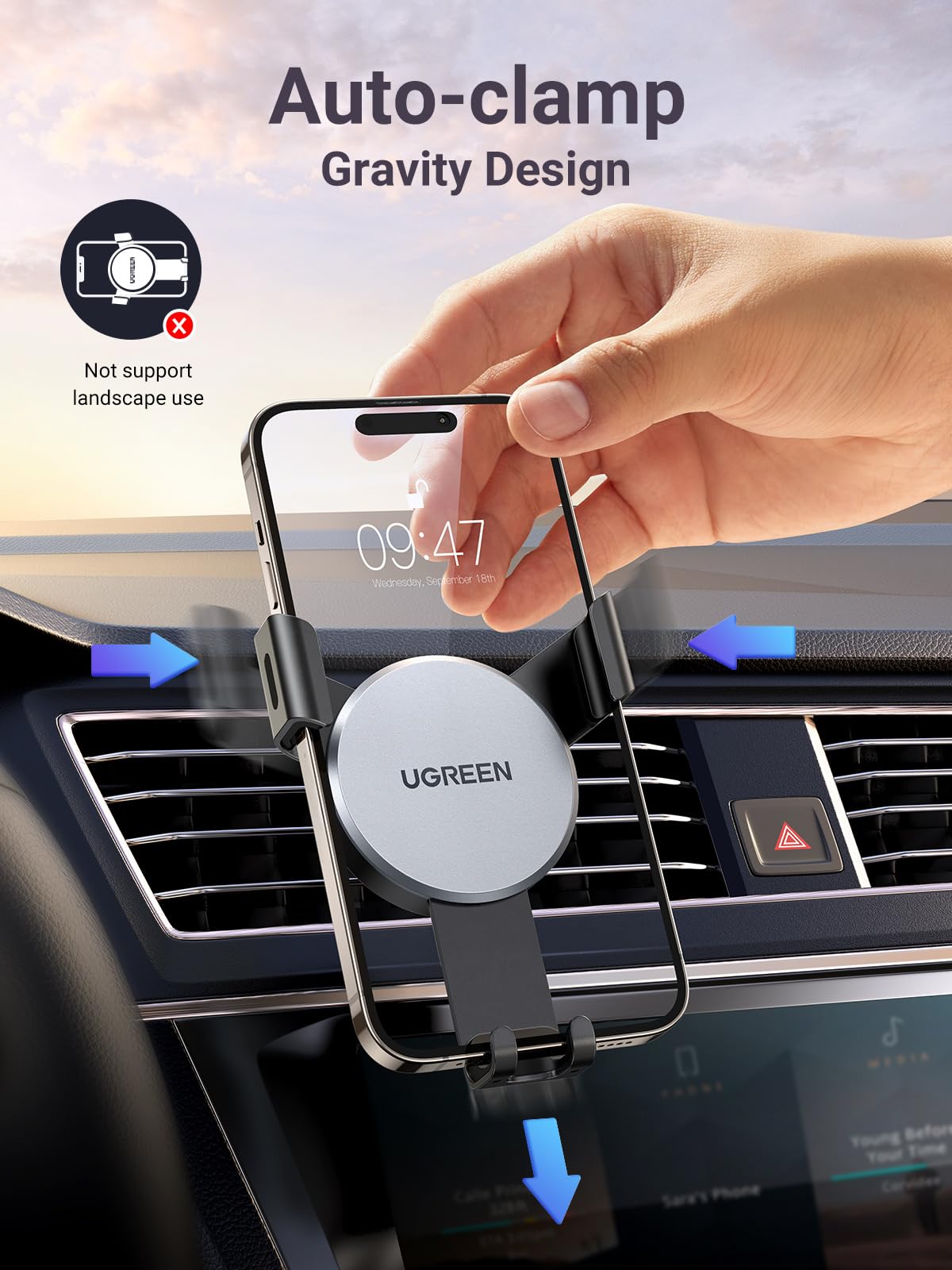 UGREEN Car Phone Holder Air Vent, Gravity Phone Mount Cradle Reliable Stable Hands-Free, Compatible with iPhone 17 Pro Max 17Air 16/15/14/13/12/11, Galaxy S25/S24/S23/S22/S21, Pixel 10/9/8(Silver)