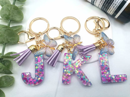 Meefisher Purple-Blue Resin Alphabet Initial Letter Bulk A-Z Keychain Tassel Butterfly Pendant Bag Charms Key Ring for Backpack Purse Wallet Handbags Car Keys Women,Cute,V