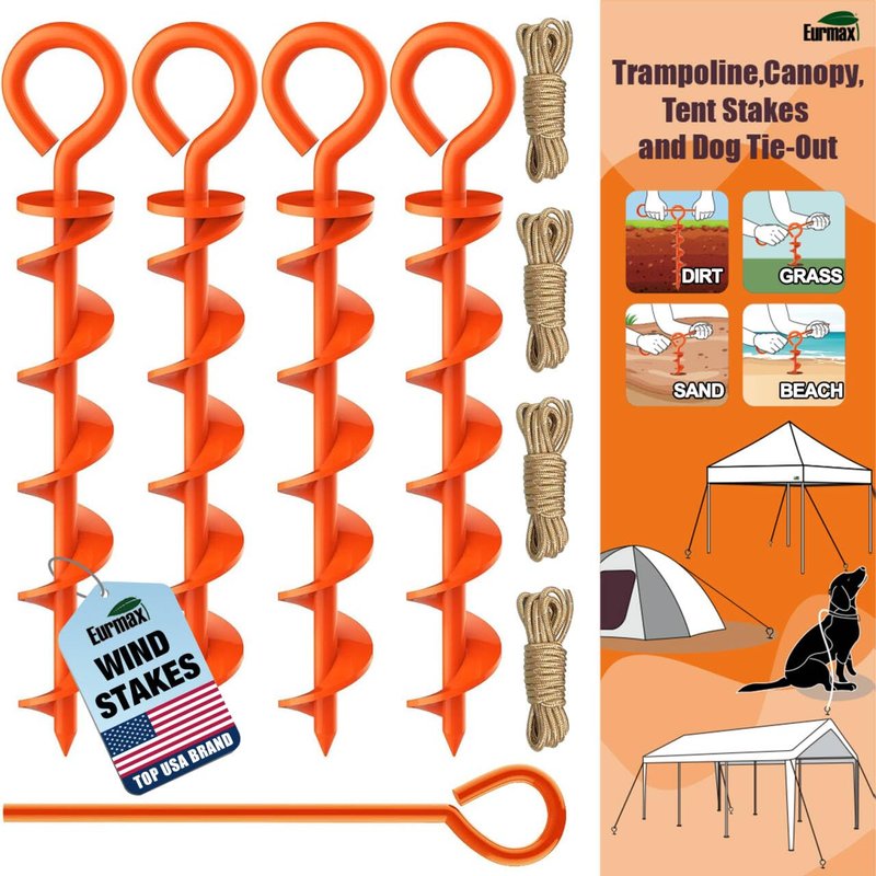 Eurmax USA 4 Pack Heavy Duty Ground Stakes,Industrial Grade Spiral Steel Screw-in Anchors with 4 Bonus Tie-Down Ropes,High Wind Stabilizing Kit for Trampolines,Dog Tie-Out,Canopy Tents,Sheds,Orange