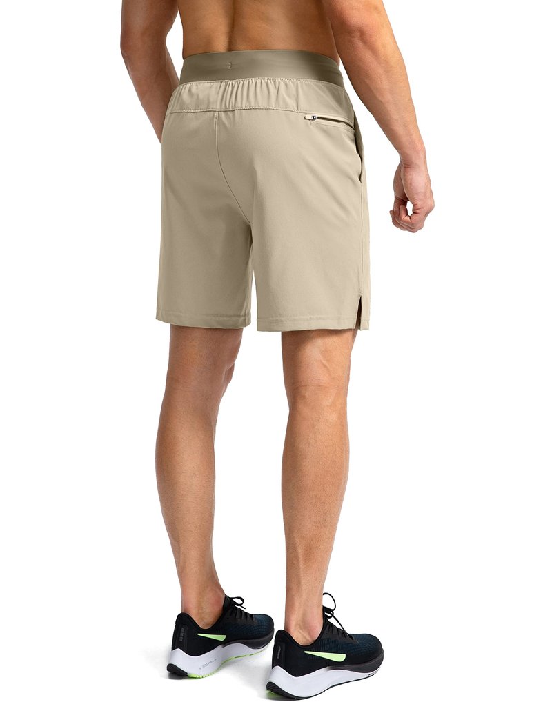Soothfeel Men's Running Shorts with Zipper Pockets 7 Inch Lightweight Quick Dry Gym Athletic Workout Shorts for Men (Khaki, 3XL)