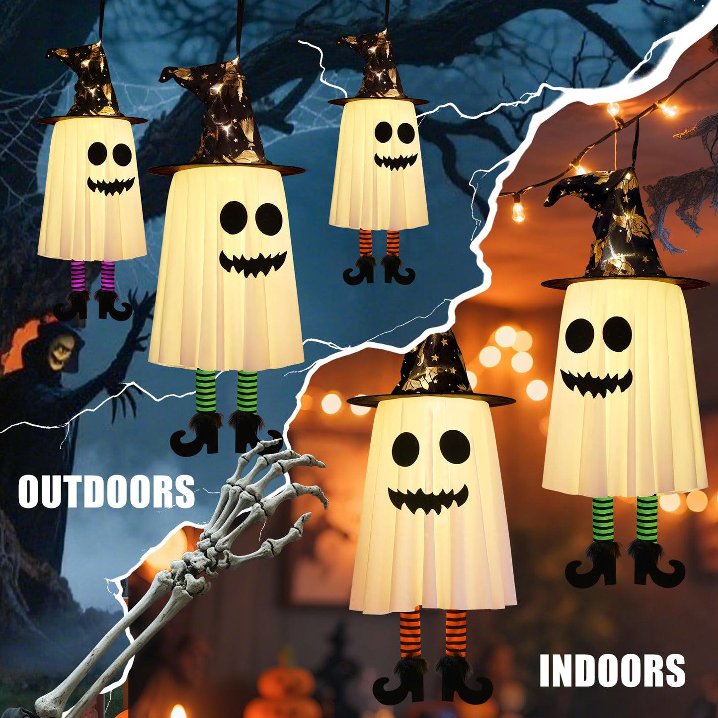 3 Packs Halloween Hanging Ghosts Decorations Outdoor Indoor, Spooky Glowing Ghost Witch Hat Striped Stockings High Heels String Lights 3 Modes Patio Yard Front Porch Tree Party(Contains 18 Batteries)
