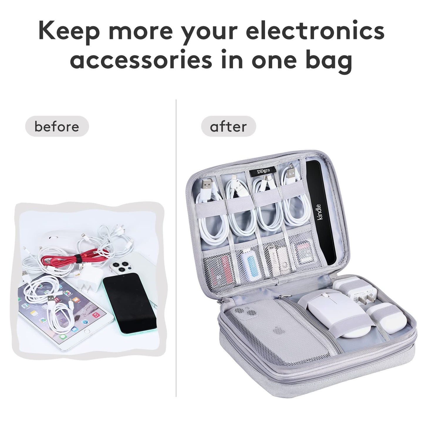 DDgro Cable Organizer Bag, Large Charger Cord Travel Case for Electronics & Tech Accessories (Large, Light Grey)