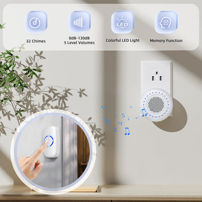 Wireless Doorbell • PHYSEN • Doorbell Chime Kits with 1 Transmitter 1 Receiver • Waterproof • Operating at 1000ft Range • 32 Ringtones • 4 Volume Levels • LED Flash • Door Bell for Home Classroom