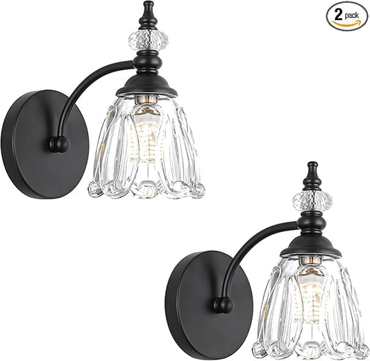 Vintage Black Wall Sconces Set of Two, Matte Black Bathroom Vanity Light Fixtures, G9 Bulbs Bathroom Sconces Set of 2, Glass Wall Lights for Bathroom, Bedroom, Hallway
