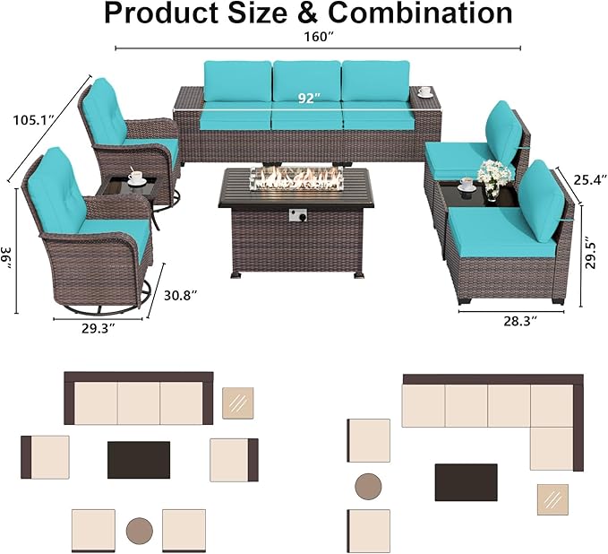 ALAULM 10 Pieces Patio Furniture Set with 2 Swivel Chairs Patio Furniture Outdoor Sectional Sofas with 55000 Gas Fire Pit Patio Conversation Set w/7 Cushions-Blue