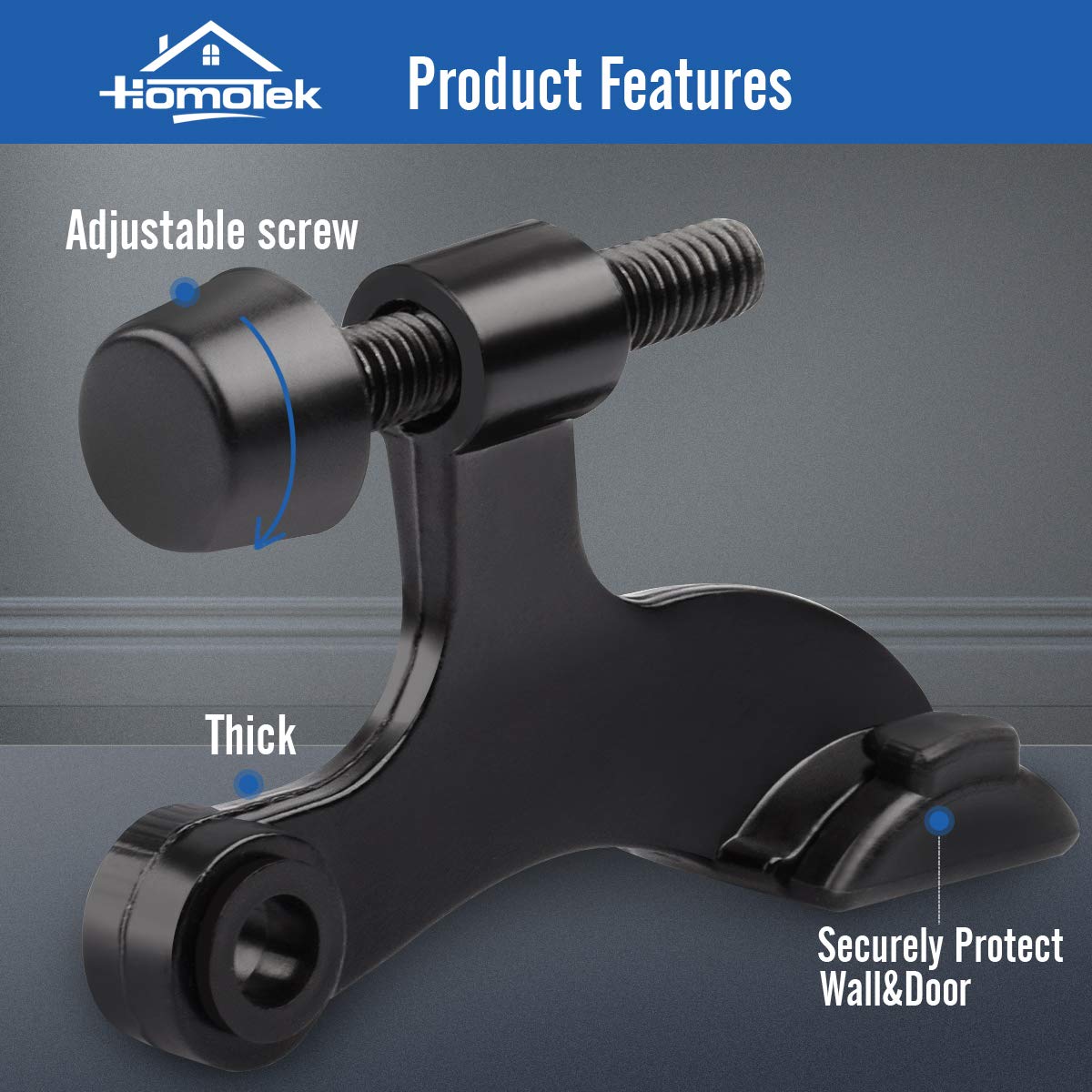 HOMOTEK 6 Pack Hinge Pin Black Door Stopper,Adjustable Deluxe Heavy Duty Door Stopper 2-1/2"x1-3/4”,with Black Rubber Bumper Tips