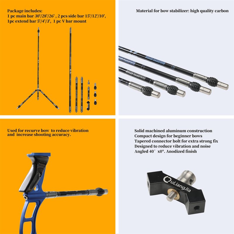 Perogen Archery Bow Stabilizer Set for Recurve Bow, Carbon Fiber Bow Stabilizer Extension Pole Kit
