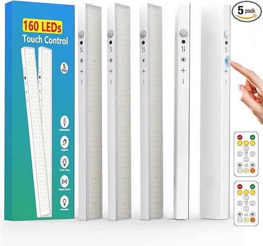 160LEDs Touch-Control Under Cabinet Lighting w/4000mAh Battery, Cordless Motion Sensor Under Counter Lights for Kitchen, Magnetic Rechargeable Closet Lights - 5Pack/White, 2025 Fall