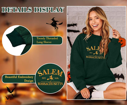 MYHALF Halloween Sweatshirts Women Oversized Salem Massachusetts Shirts Hocus Pocus Tees Tops Fall Holiday Crew Neck Pullover Green