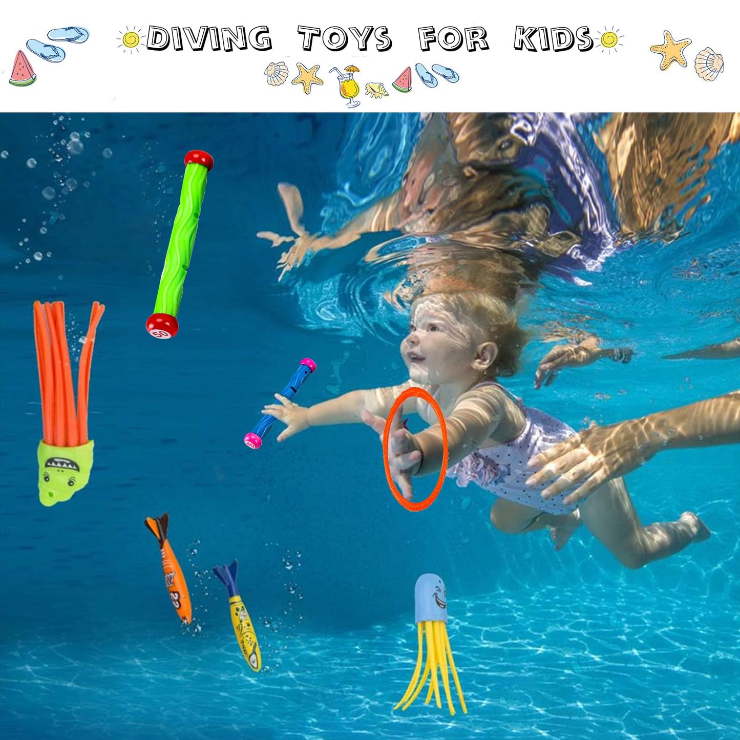 Cakuni Underwater Swim Pool Diving Toys - Summer Swimming Dive Toy Sets - Water Rings,Sticks,Octopus,Torpedo Bandits & Balls for Kids