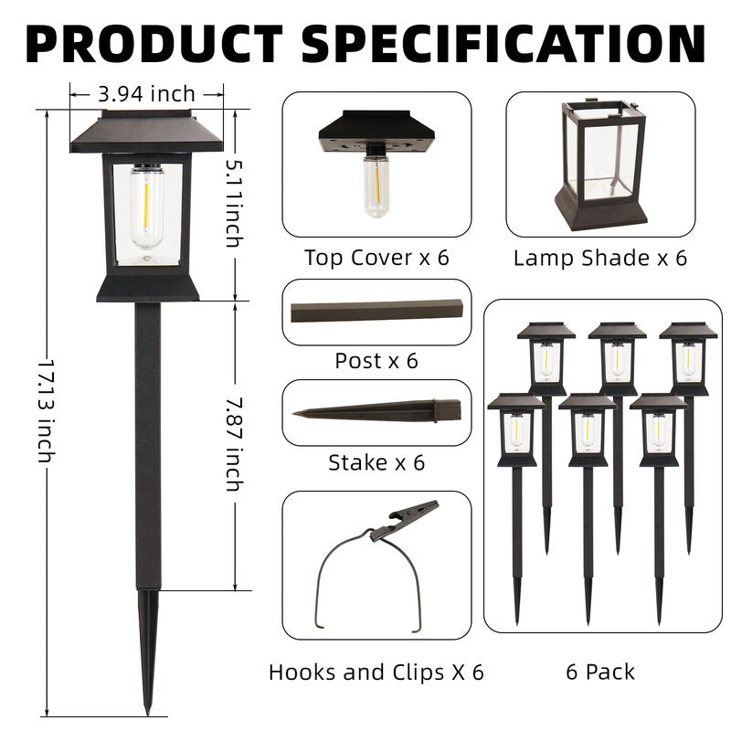 6 Pack Solar Pathway Lights Outdoor Waterproof, Dual-Use Stake & Hanging Lantern, 17 Inch ABS Warm White 3000K, 1000mAh Ni-MH Battery & Monocrystalline Panel, Auto On/Off for Garden Yard Patio Walkway