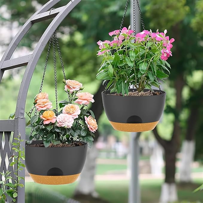 10 Inch Hanging Baskets 2 PC with Chains, Self-Watering Hanging Planters for Indoor Outdoor Plants, Plastic Hanging Flower Pots,Black Brown