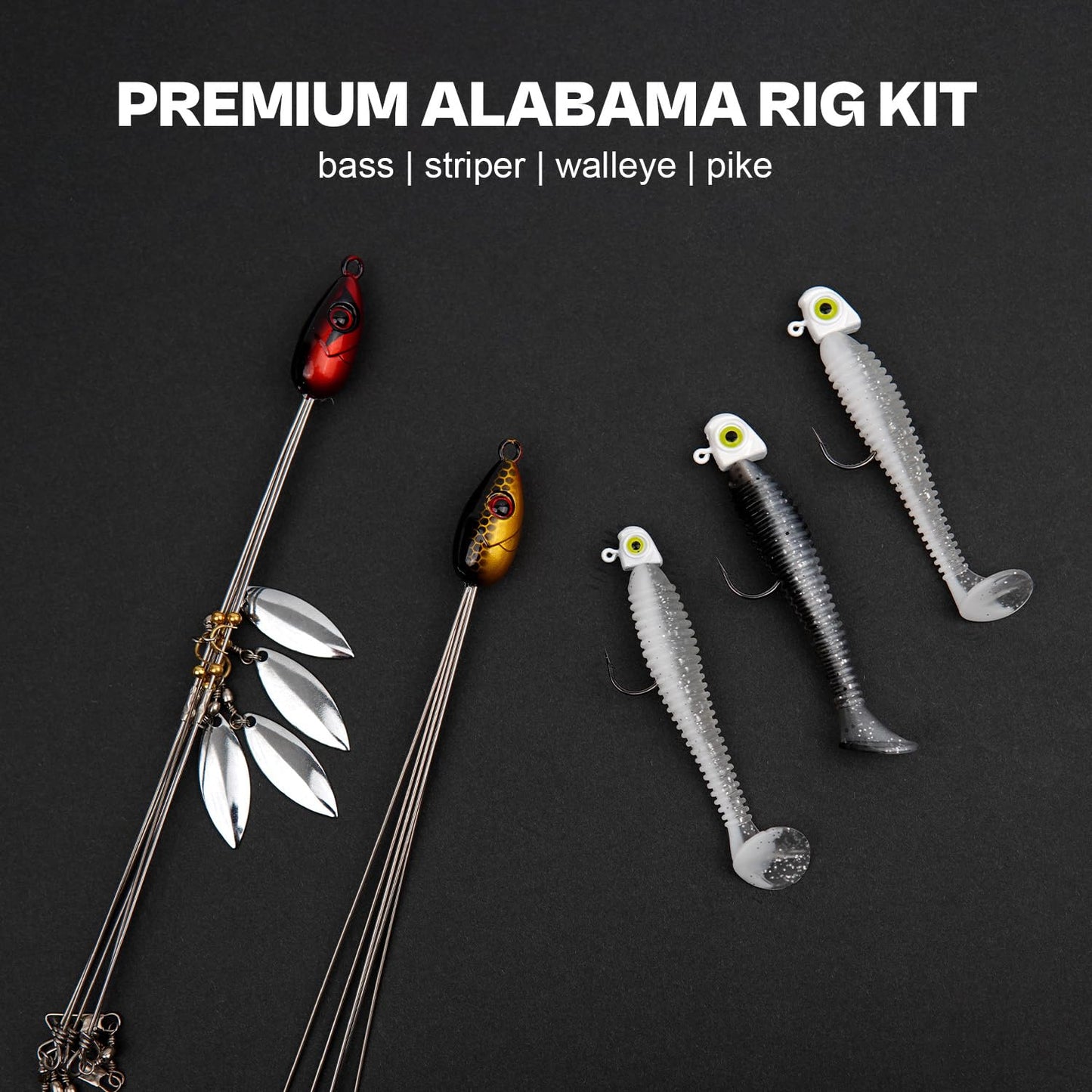 Alabama Rig (A-Rig) Fishing Lures Kit – 2 Rigs, 10 Jig Heads & Swimbaits, Tackle Box for Striper/Bass Fishing