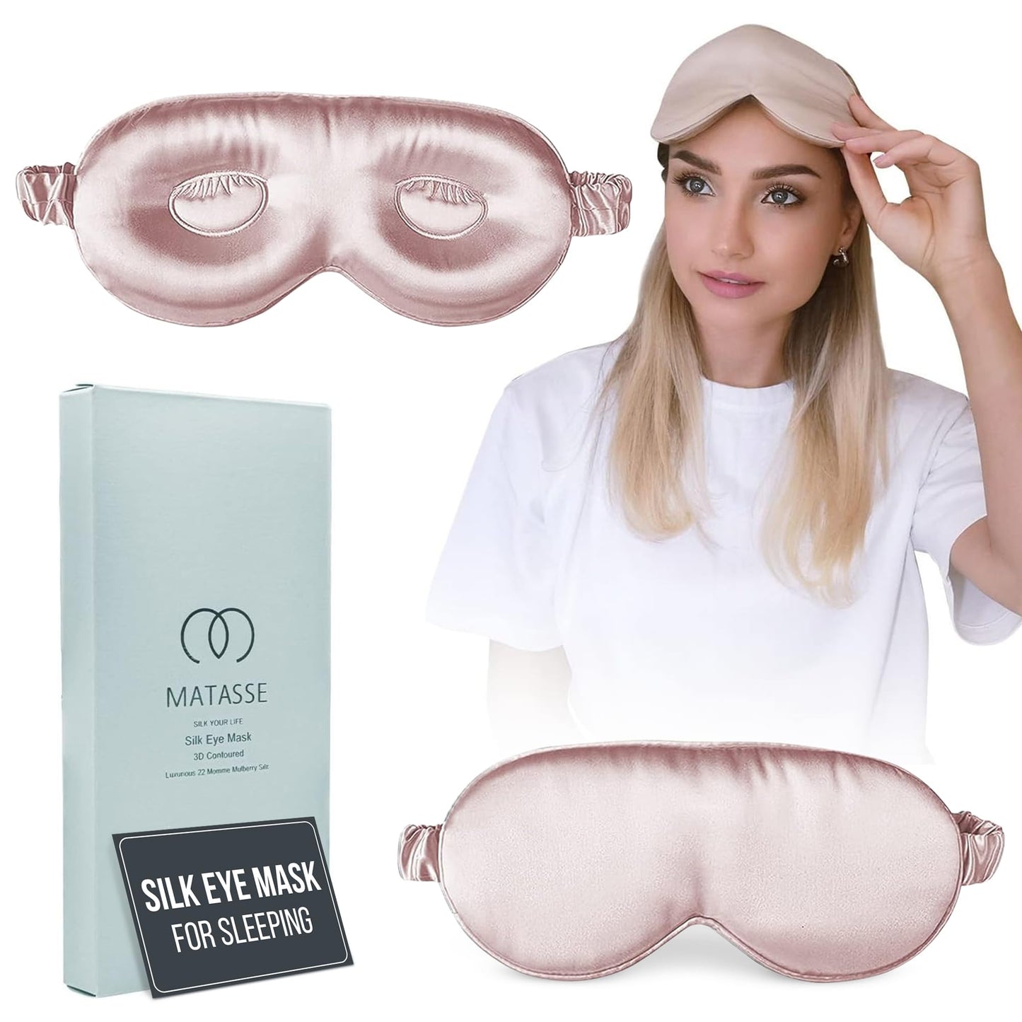MATASSE Silk Eye Mask for Sleeping with Adjustable Elastic Band - 3D Contoured, Eye Cover Sleep Mask w/Genuine Mulberry Silk Including The Strap for Women, Men (Black)