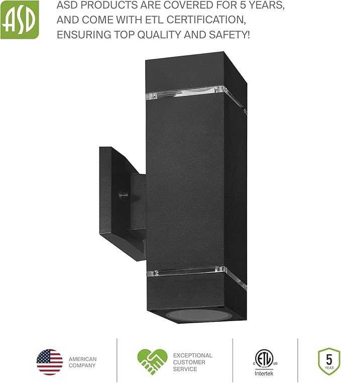 ASD 2 Light Square Outdoor Wall Light Fixture | 120W E26 Bulb Socket 120V ETL Cylinder Up Down Lights | LED/CFL/Incandescent Bulb Exterior Wall Sconce | Front Door, Porch Patio | Ringed Black
