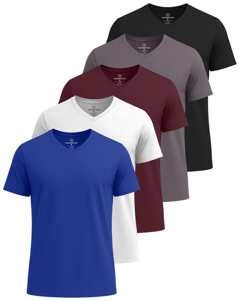 Real Essentials 5 Pack: Men's Breeze Tech V-Neck Dry Fit T-Shirts Moisture Wicking Athletic Workout & Gym Shirts- Set 7, M