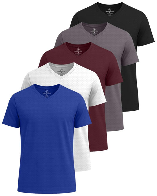 Real Essentials 5 Pack: Men's Breeze Tech V-Neck Dry Fit T-Shirts Moisture Wicking Athletic Workout & Gym Shirts- Set 7, M