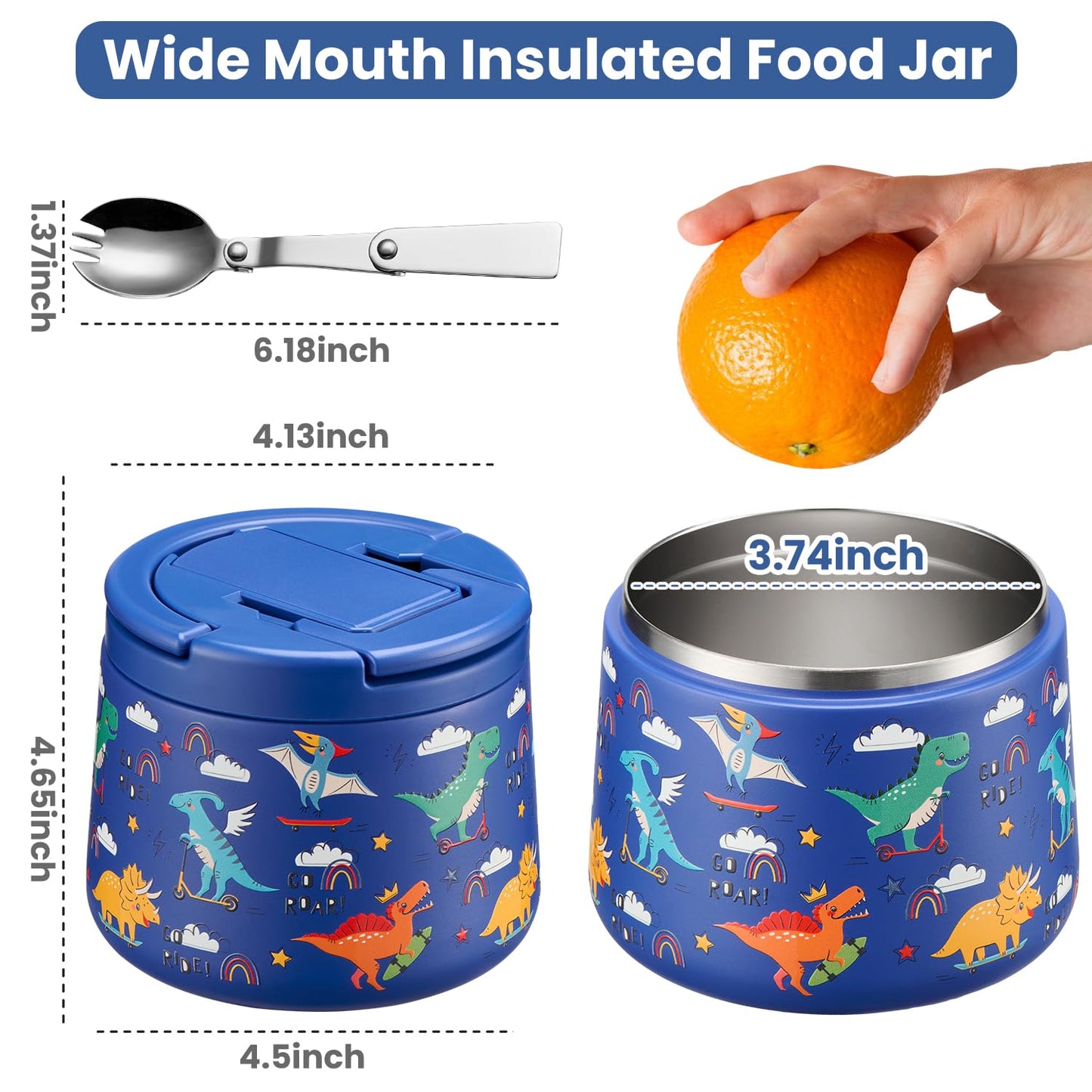 14oz Insulated Vacuum Food Jar with Buckle Lid,Soup Thermo for Hot Food Kids,Wide Mouth Leakproof Stainless Steel Lunch Container with Spoon-Dinosaur