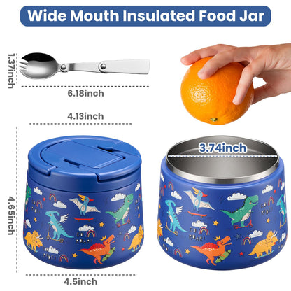 14oz Insulated Vacuum Food Jar with Buckle Lid,Soup Thermo for Hot Food Kids,Wide Mouth Leakproof Stainless Steel Lunch Container with Spoon-Dinosaur