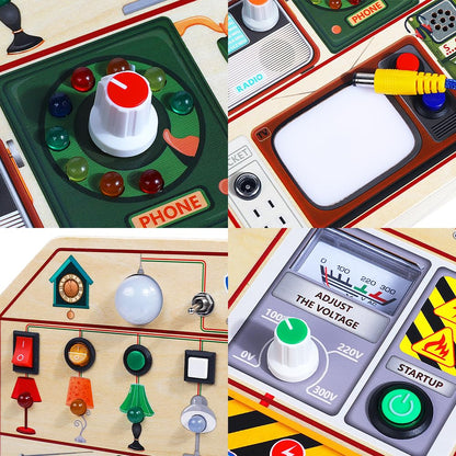 JAUNTY Montessori Wooden Busy Board for Toddlers 3 4 5 Years Old, Wooden Sensory Toddler Toys with LED Light Switches, TV Radio Telegram and Car Driving, Travel Toys Birthday for Boys Girls