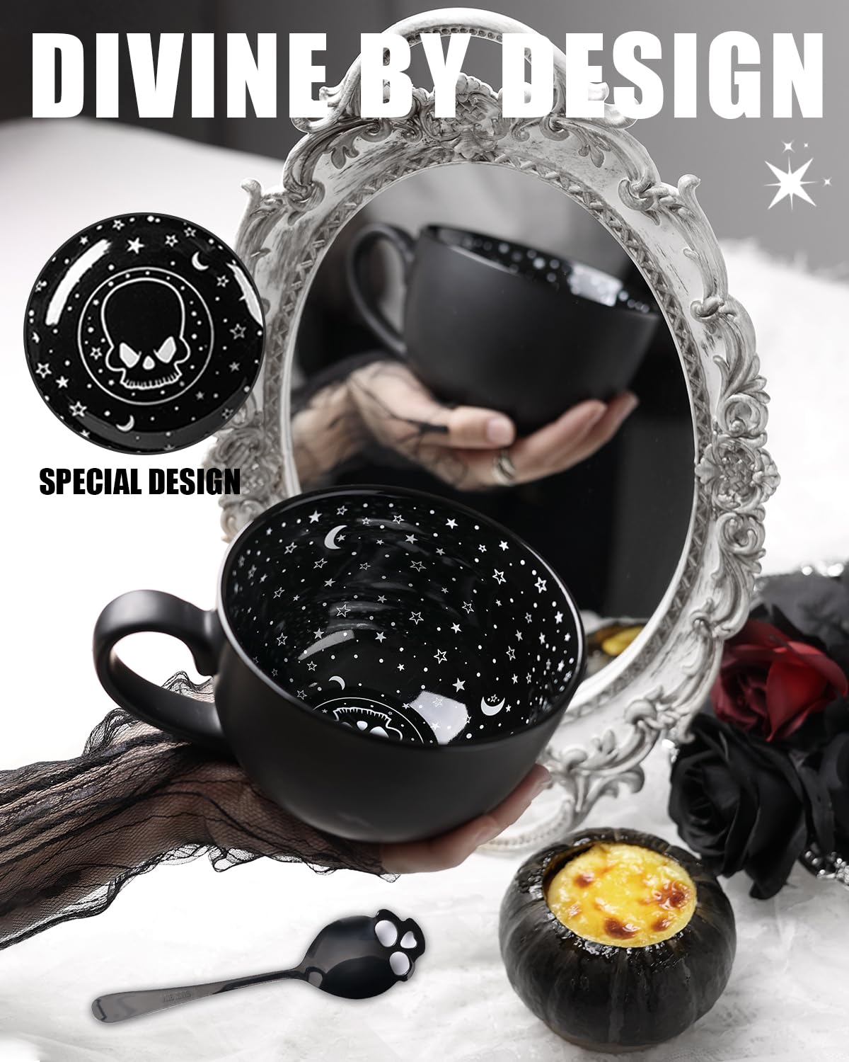 Taruzil Midnight Skull Coffee Mugs with Spoons, Halloween Christmas Birthday White Elephant Gifts for Adult Women Men Friends, Spooky Witchy Gag Fun Gifts Gothis Decor Novelty Tea Cups
