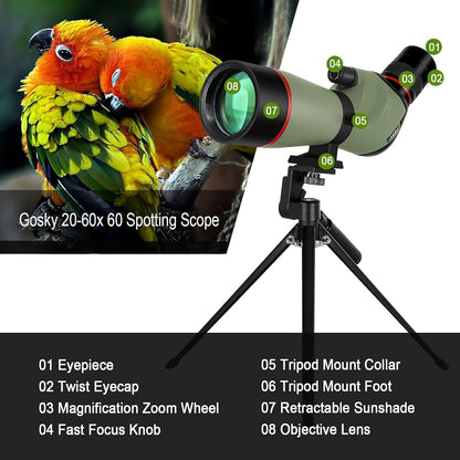 Gosky Spotting Scope, 20-60x60 Spotting Scopes for Target Shooting & Hunting & Bird Watching, BAK4 High Definition, Angled Spotter Scope with Tripod, Phone Adapter, Carrying Bag
