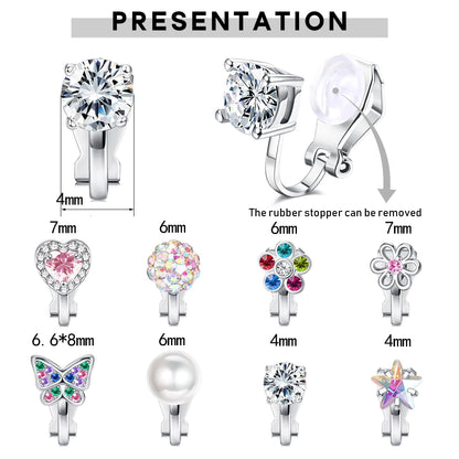 FASACCO 8-10Pairs Clip on Earrings for Girls Colorful Crystal Non-Piercied Earrings Cute Flower Heart Butterfly Pearl Clip-on Earrings