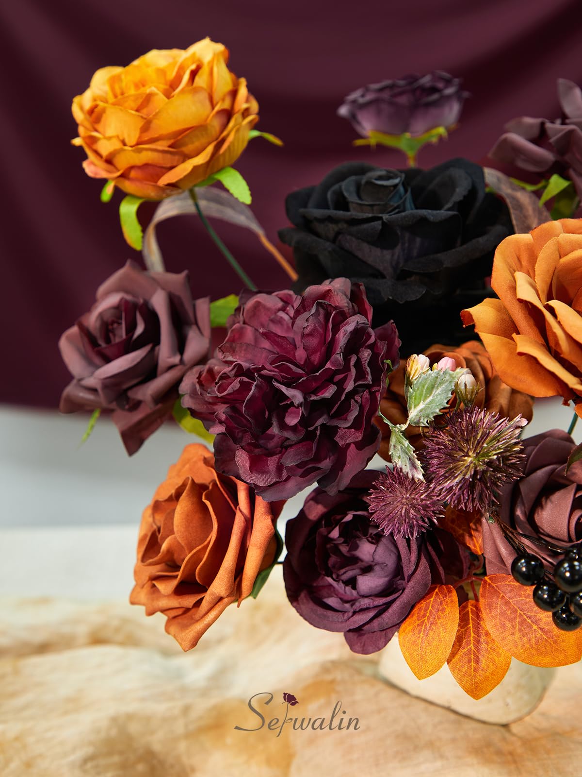Serwalin Fall Aritificial Flowers Orange Silk Flowers Purple Black Roses Fake Flowers for DIY Centerpieces Boutonnieres Cake Fall Floral Home Decoration