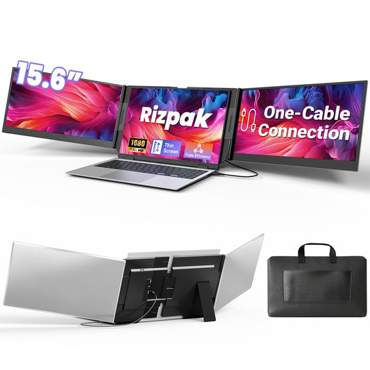 Rizpak One Cable Laptop Screen Extender, 15.6” Ultra-Slim Triple Portable Monitor, 1080P FHD IPS Display, USB-C/A Connection, Travel Monitor for 13–17.3" Laptops, Mac/Windows/Android (Driver Required)