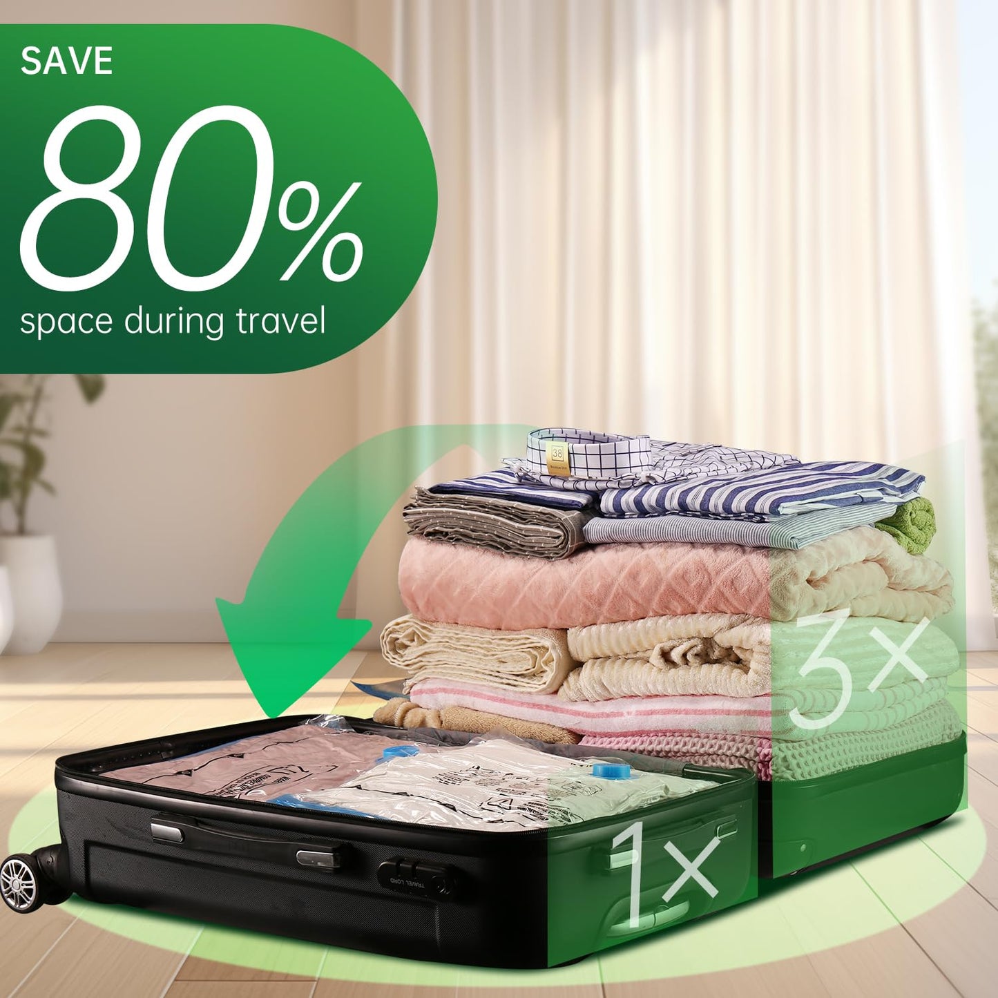 BRODI 10 Combo Pack Travel Vacuum Bags with Pump - Space Saver & Travel Essentials, Clothing & Luggage Vacuum Seal Bags