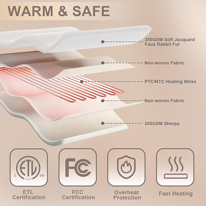 Heated Blanket Electric Throw with 6 Fast Heating Levels,4 Hours Auto-Off，Ultra Coza & Warm 50x60 Faux Rabbit Fur Electric Blanket with Overheating Protection,ETL Certification(Cream)