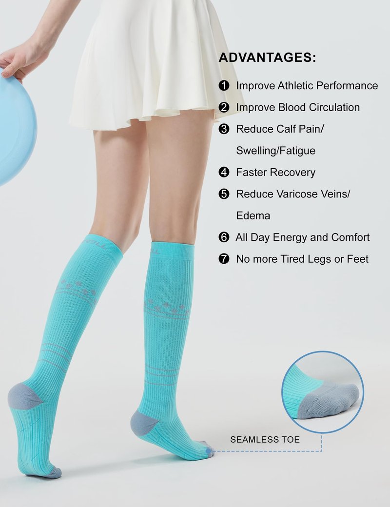 FITRELL 3 Pairs Compression Socks for Women and Men 20-30mmHg - Support for Travel, Running, Nurse, Knee High, Mint/Peachy/Haze Blue L/XL