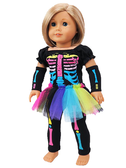 American Fashion World Electric Neon Skeleton Halloween Costume for 18-inch Dolls| Premium Quality & Trendy Design | Dolls Clothes | Outfit Fashions for Dolls for Popular Brands