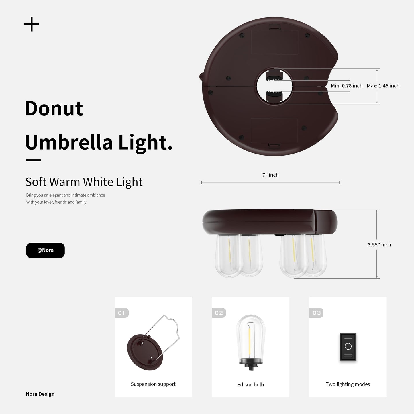 Nora·Gift Patio Umbrella Light with LED Edison Bulbs, Battery Operation Cordless-Outdoor Umbrella Pole Lights with 2 Lighting Modes for Garden，Patio, Backyard, Camping or BBQ - Brown(1 Pack)