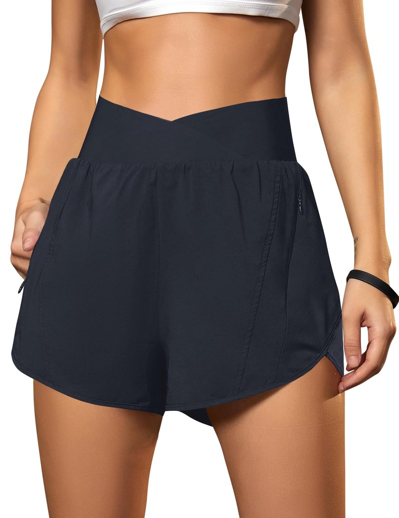 Blooming Jelly Women's Workout Shorts Athletic Running Elastic High Waisted Black Gym Yoga Shorts with Zipper Pockets (Dark Blue,Medium)