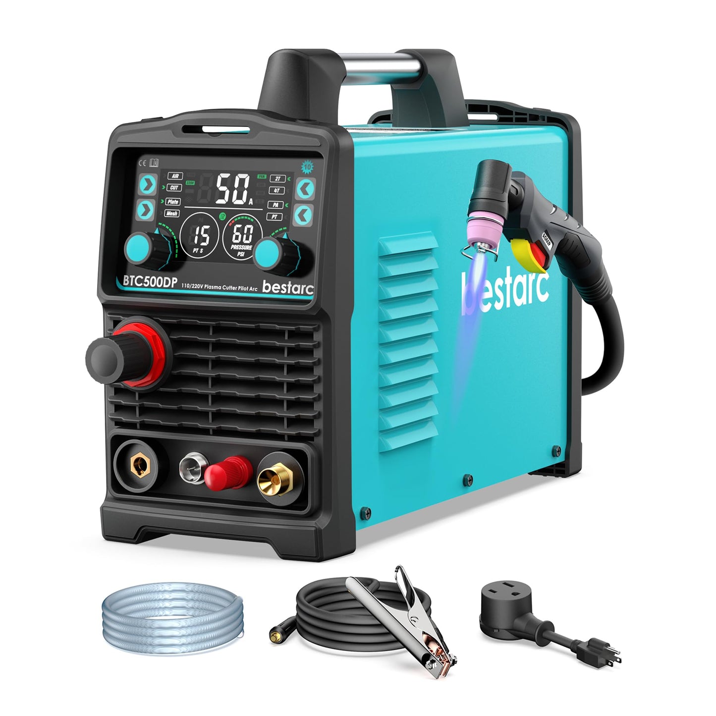 bestarc Plasma Cutter, [Pilot Arc][Large LED Display][Air Sensor] 50A bestarc Plasma Cutter Machine 110/220V Dual Voltage, 1/2 Inch Clean Cut 4/5 Inch Max Cut, Post Flow Mesh, 2T/4T for Beginners DIY