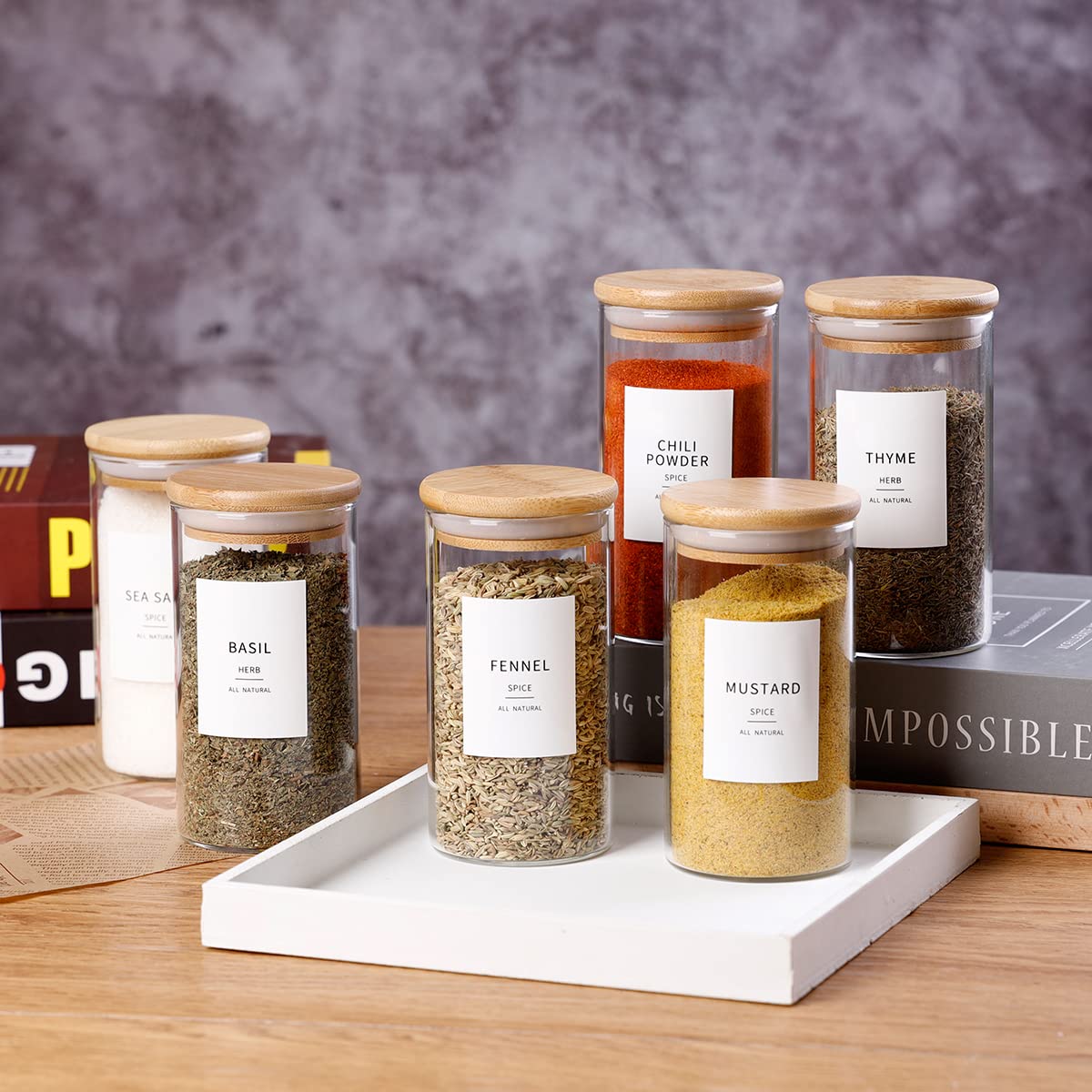 Glass Spice Jars with Bamboo Lids - 20 Pcs Thicken(2.4mm) 4oz Airtight Seasoning Containers with 131 Waterproof Minimalist Spice labels Preprinted - Small herb Jars for Pantry Organization and Storage