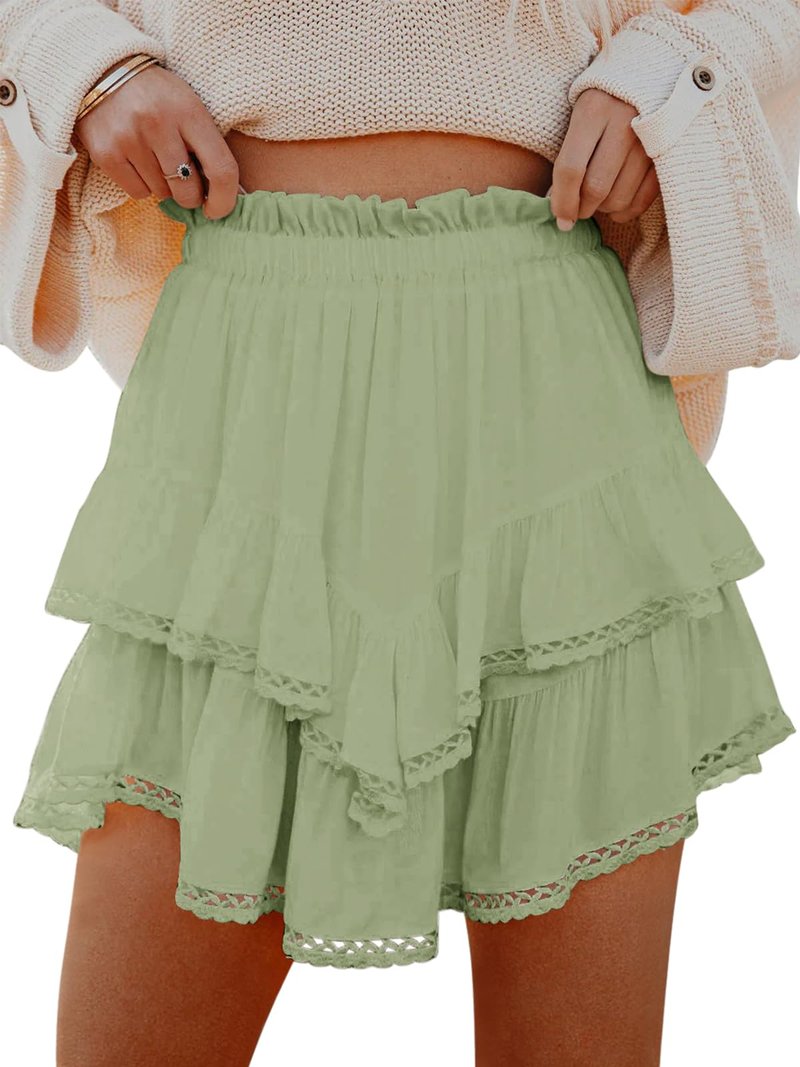 Aoudery Flowy Shorts for Women Casual Boho Ruffle Tiered Skorts High Waist Mini Skirts Golf Tennis Butterfly Crochet Shorts - Grey Green M
