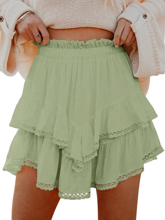 Aoudery Flowy Shorts for Women Casual Boho Ruffle Tiered Skorts High Waist Mini Skirts Golf Tennis Butterfly Crochet Shorts - Grey Green M