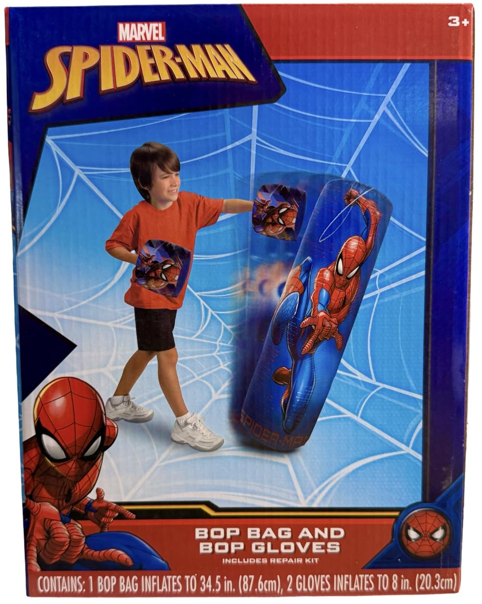 Spiderman Spider-Man Inflatable Bop Bag & Bop Gloves Set Kids Punching Bag with Gloves, Freestanding Superhero Blow Up Bouncing Boxing Bag for Exercise, Durable Heavy Duty Indoor and Outdoor - 34.5"