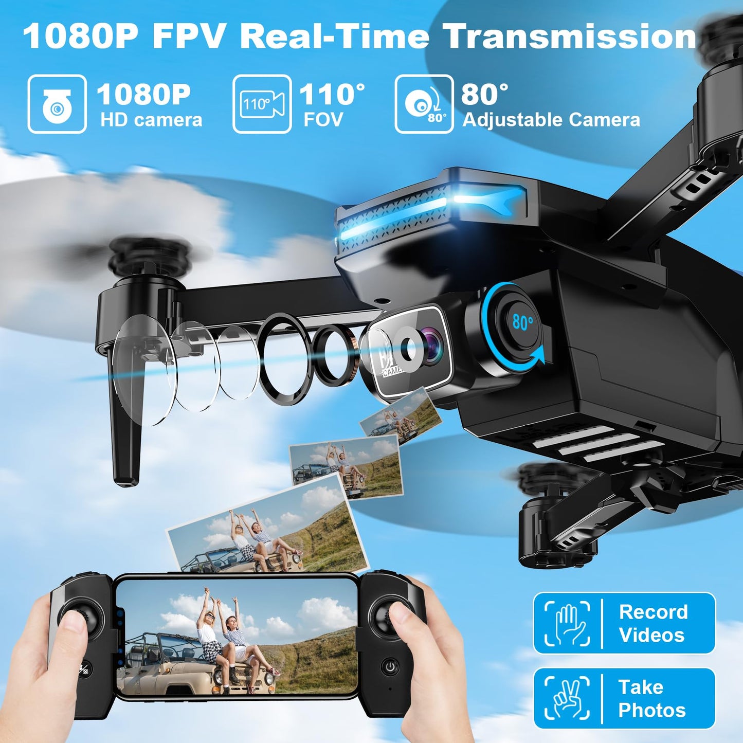 Drone with 1080P Camera - Foldable Remote Control Quadcopter with Voice Gesture Control, 3D Flip, One Key Start, Emergency Stop, 2 Batteries, Easier to use, Toy for Kids Adult Beginners