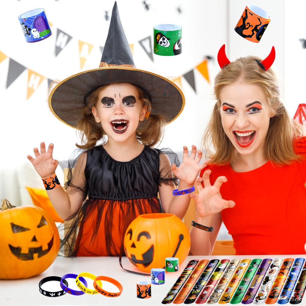 VKTEN 48Pcs Halloween Party Favors Halloween Slap Bracelets Rubber Wristbands Assorted Gifts for Kids - Trick or Treat Toys, Halloween Bag Stuffers Goody Bag Fillers Classroom Prizes