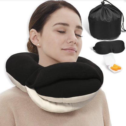 BUYUE Travel Neck Pillows for Airplanes, 360° Head Support Sleep for Long Flight, Skin-Friendly & Breathable, Kit with 3D Contoured Eye Mask, Earplugs and Storage Bag (Adult, Black, 100+ lbs)