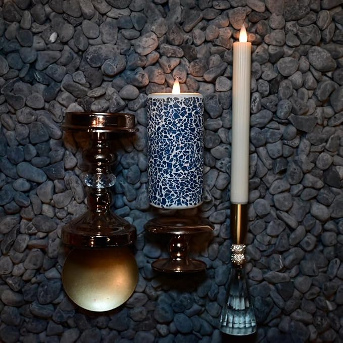 Blue Cracked Glass Flameless Pillar Candles - 3D Moving Flickering LED, Remote Timer & Battery Operated, Real Wax Interior for Home/Christmas Decor