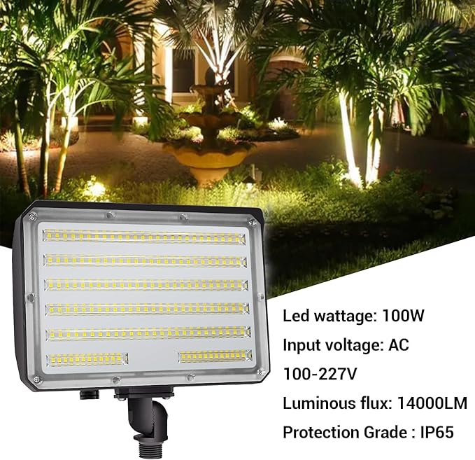 100W Outdoor LED Flood Light,AC100-277V 14000Lumens 5000K IP65 Waterproof Knuckle Mount Floodlight for Yard Garden,ETL Listed