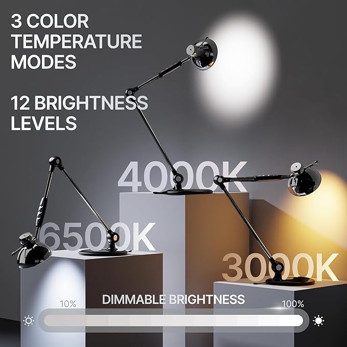 OTUS LED Desk Lamp for Home Office with Gesture Control | Eye-Caring Desk Light 1500 Lux, 12 Brightness & 3 Color | Architect Desk Lamp with Adjustable Swing Arm | Table Light for Work, Study, Reading