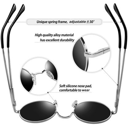 KANASTAL Mirror Round Sunglasses Mens Blue Polarised Hippie Style Vintage Circle Womens Mirrored UV Small - Black Frame Black Lens + Metal Frame Blue Lens