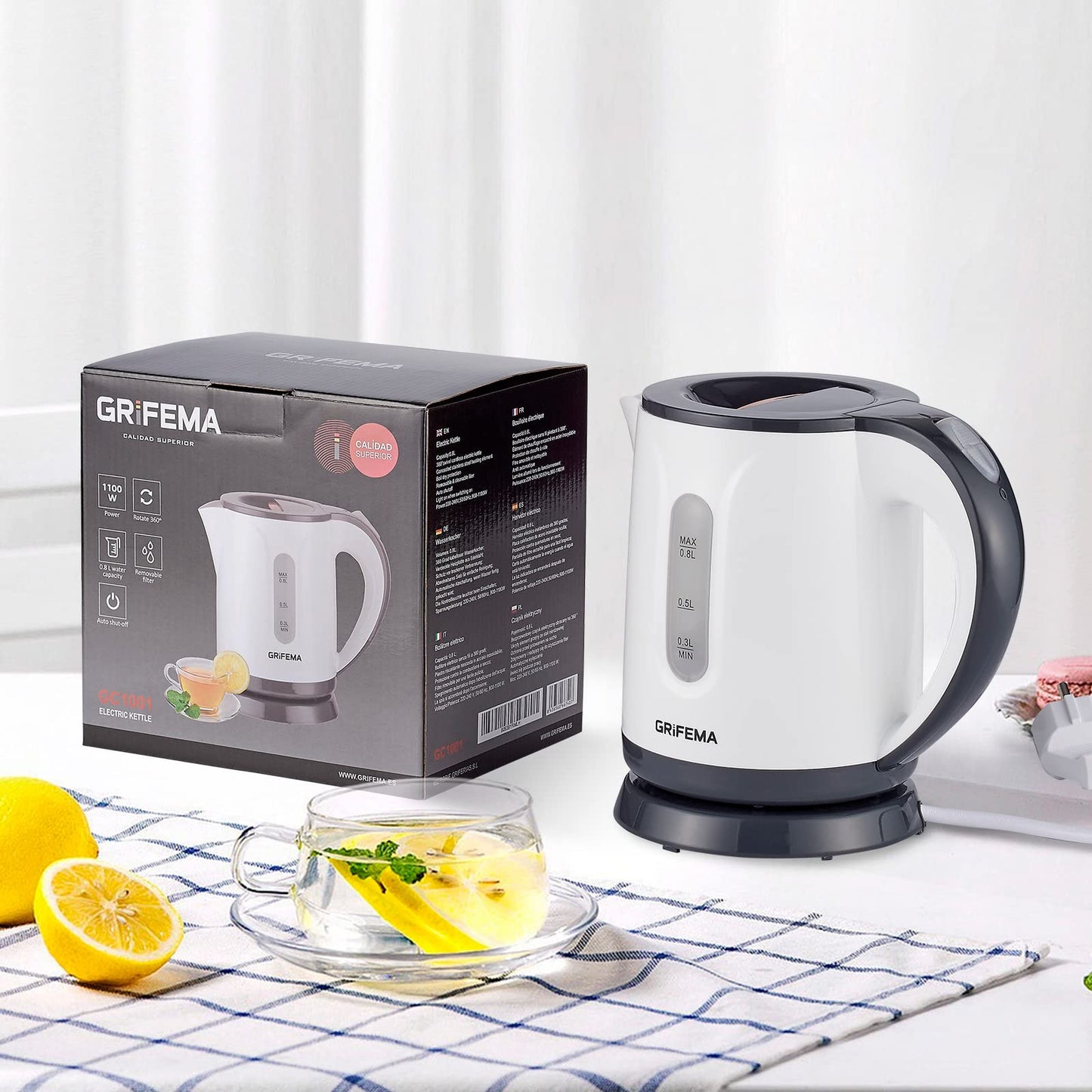 GRIFEMA Small Electric Tea Maker, 0.8 L, 1100 W - Quiet Kettle With Limescale Filter, BPA-Free, Automatic Shut-Off, Overheating Protection, White