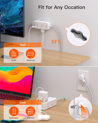 Power Strip Surge Protector, BESHON 5Ft Extension Cord, 6 Outlets with 4 USB Ports (2 USB C Outlet), 3-Side Outlet Extender, Wall Mount, Compact for Travel, Home, School, College Dorm Room and Office