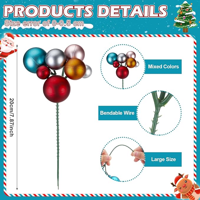 8 Pcs Vintage Christmas Tree Picks 7.87 Inch Christmas Balls Ornaments Xmas Hanging Decorations for Xmas Tree Topper DIY Wreath Holiday Floral Vase Fillers Crafts Home Decor
